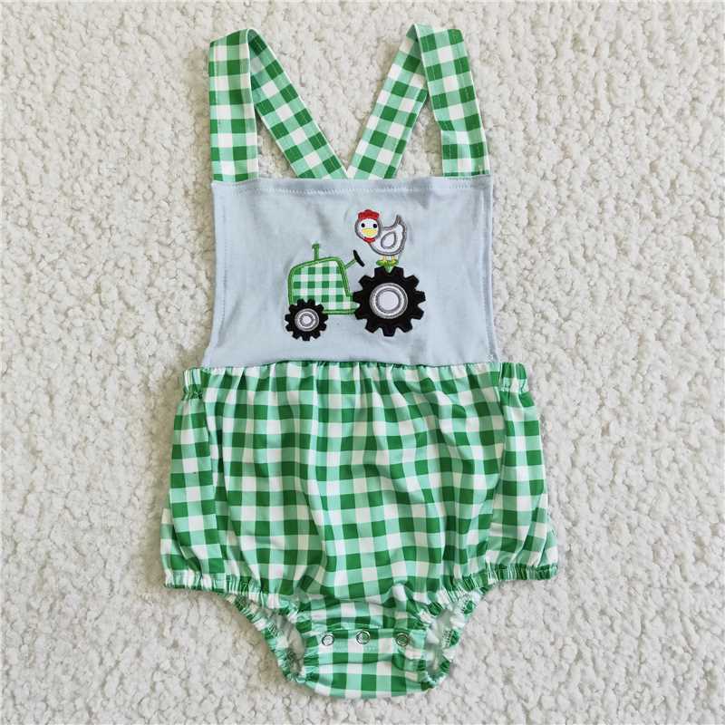 SR0036 Baby Boys  Girls Vest Embroidered Car Chick Green Plaid Bodysuit