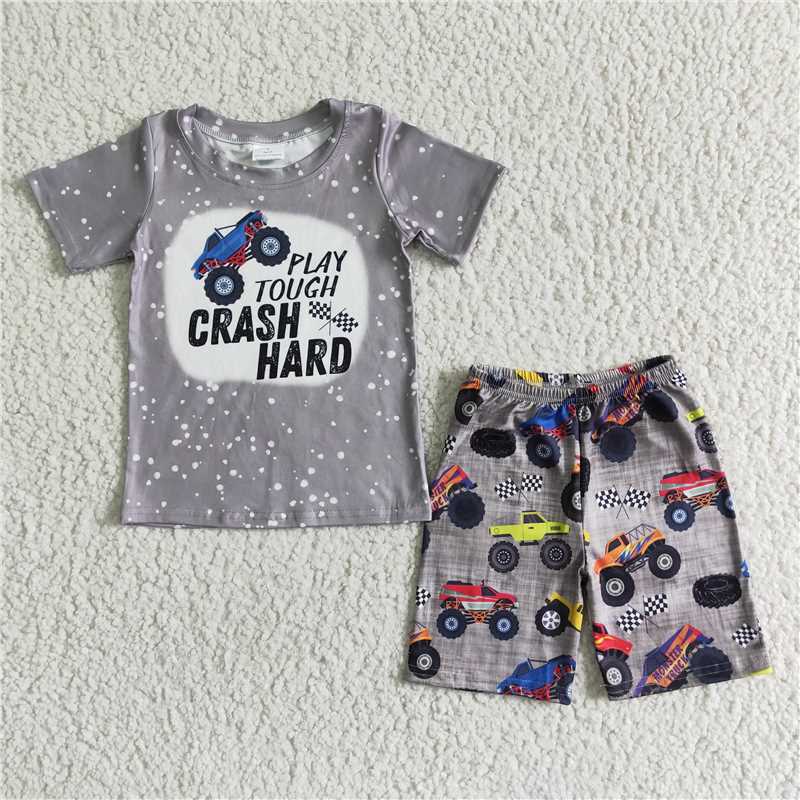 BSSO0070 Baby Boys Grey Car Short Sleeve Shorts Set