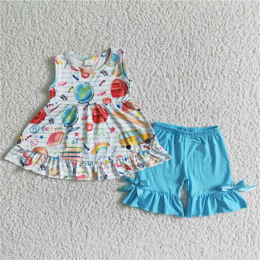 GSSO0112 Girls Back To School Smiley Sleeveless Shorts Outfit