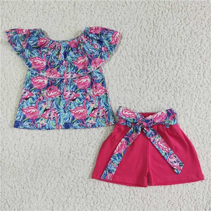 GSSO0101 watercolor flamingo hot pink belt shorts set