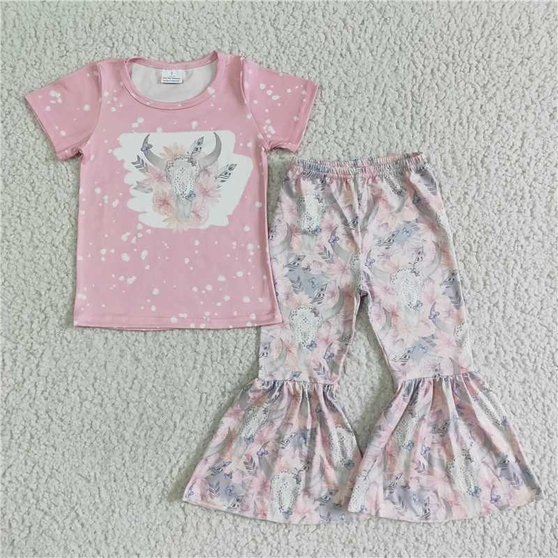 GSPO0072 Girls' Pink Tau Flower Short Sleeve Trousers Suit