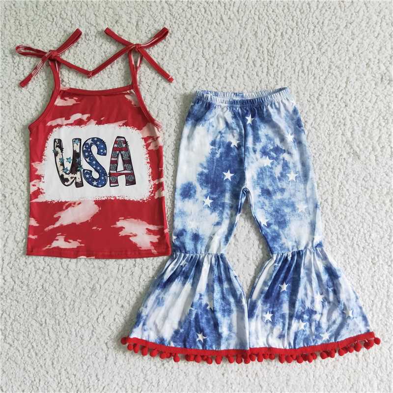 GSPO0068 Girls National Day USA Red Suspender Pants Set