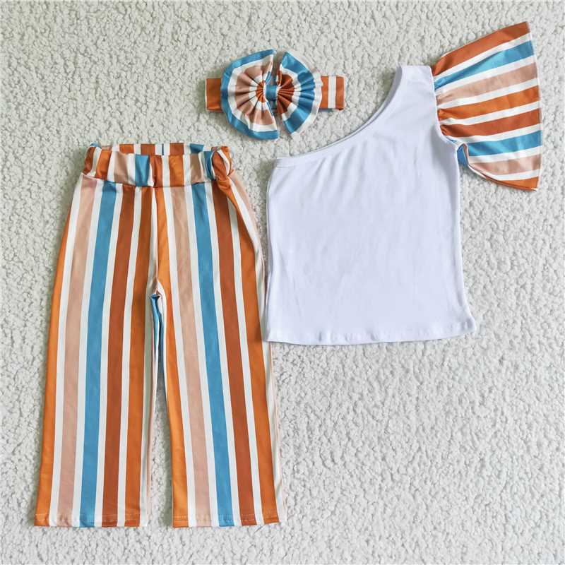 GSPO0076 Girls Colorful Striped Single Sleeve Trousers Set with bow