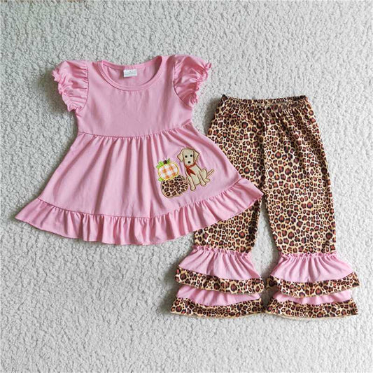 GSPO0135 Girls Embroidered Leopard Pumpkin Dog Pink Suit