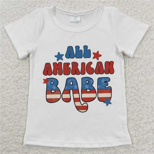 GT0179 Girls' National Day BABE White Short Sleeve Top
