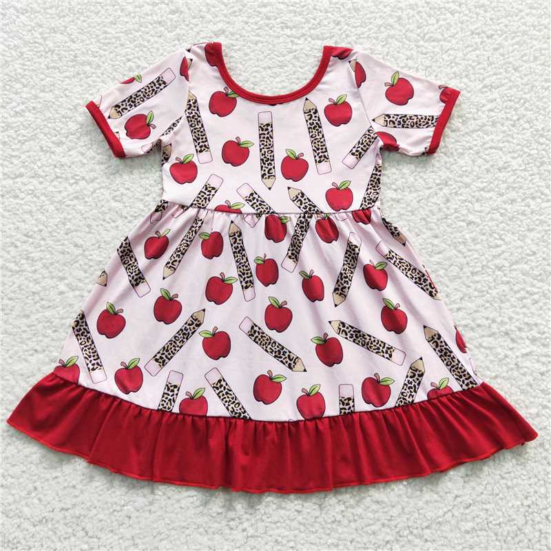 GSD0314 Back to School Pencil Apple Red Short Sleeve Dress