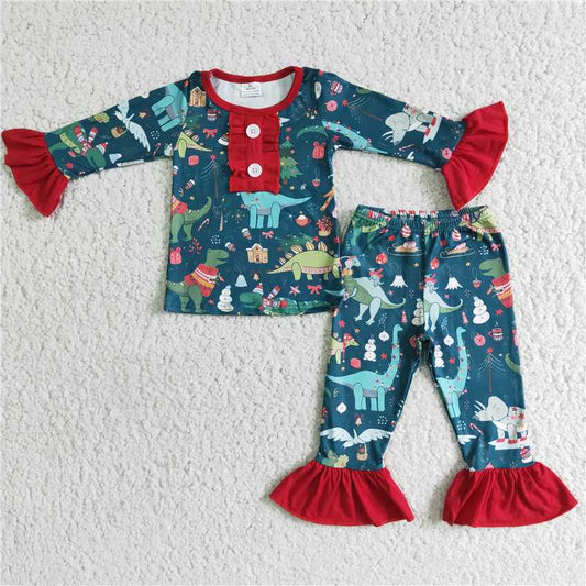 6 A4-28  Baby girls christmas dinosaur pajamas
