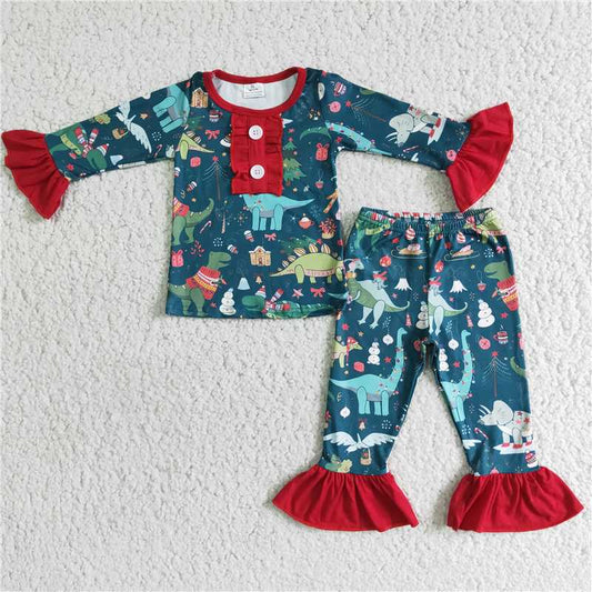 6 A4-28 Baby girls christmas dinosaur pajamas