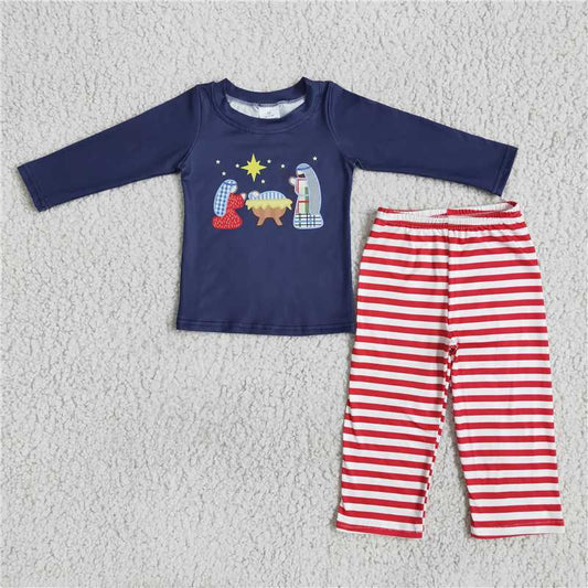 6 A20-17 Boys Blue Long Sleeve Jesus Top Red Striped Suit D 1101