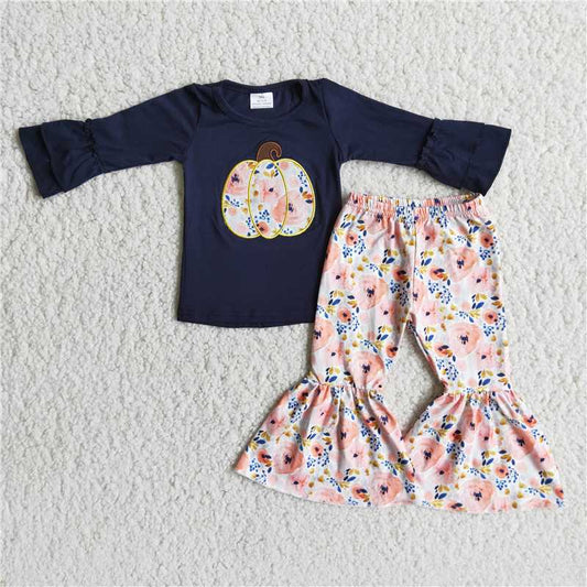 6 A9-15 Baby girls Embroidered Pumpkin Navy Long Sleeve Trousers Set