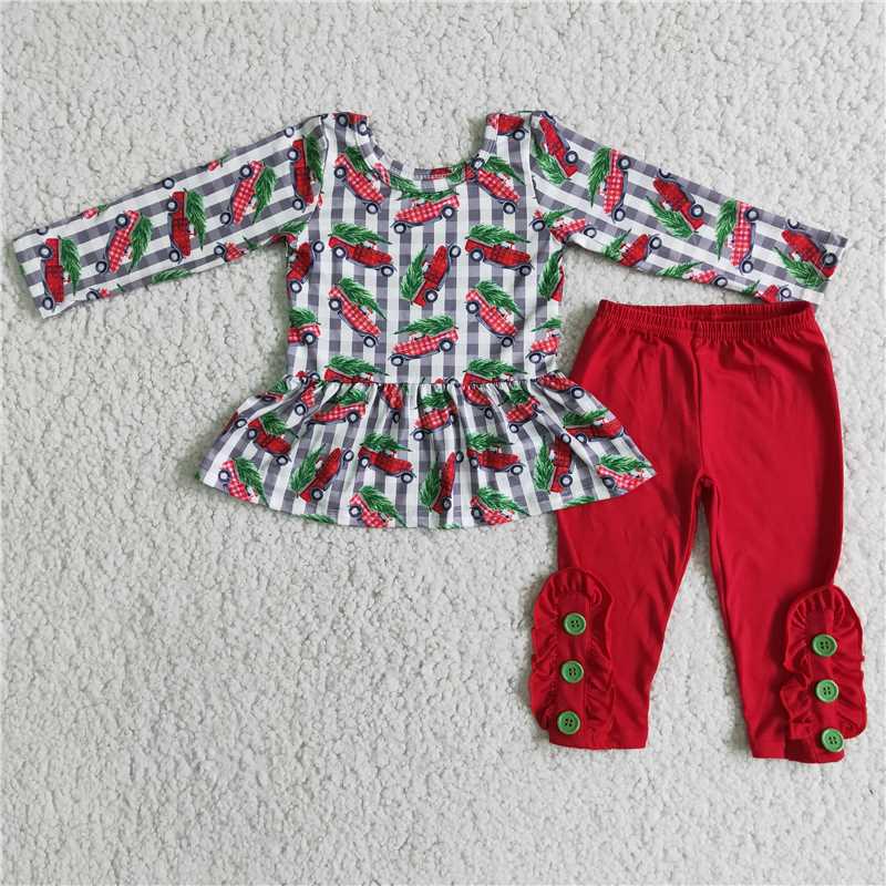 6 C9-24  Christmas Tree Truck Long Sleeve Red Trousers Set
