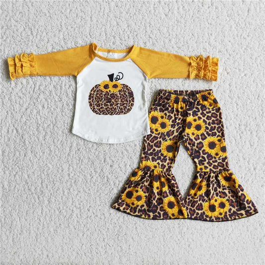 6 A15-28 Baby girls Pumpkin Yellow Top Sunflower Pants set D 7.26