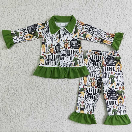 6 B6-5 Girls Green Pajamas Long Sleeve Pants Set
