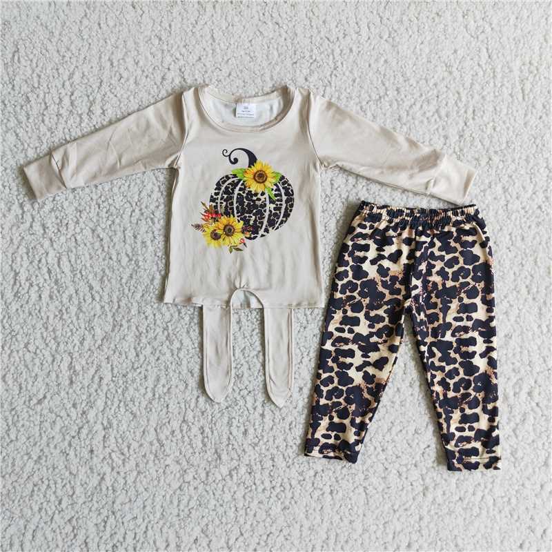 6 A23-29 Baby girls Leopard Print Pumpkin Flower Long Sleeve Top Leopard Print Pants Set