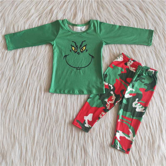 6 A24-16 Green Monster Smiley Long Sleeve Camouflage Pants Set