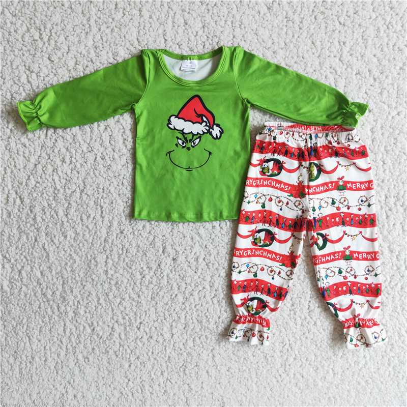 6 A20-4  Christmas Cartoon cute girls green long sleeve trousers suit