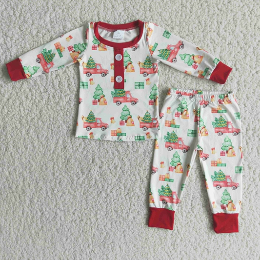 6 A15-20 Boys Truck Christmas Tree Red Cuff Long Sleeve Pajamas