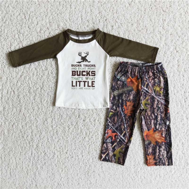6 A15-15 Boys Antlers Army Green Long Sleeve Maple Pants Set