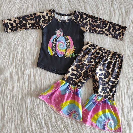 6 A27-17 Baby girls Bright Color Pumpkin Leopard Print Set