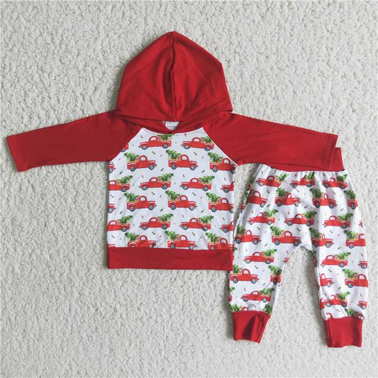 6 A29-28 Christmas Red Car Hoodie Long Sleeve Sweatshirt Set