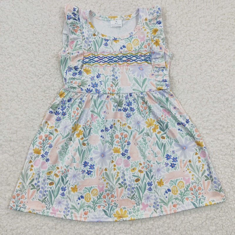 GSD0272 Baby Girls rabbit flower blue flying sleeve dress