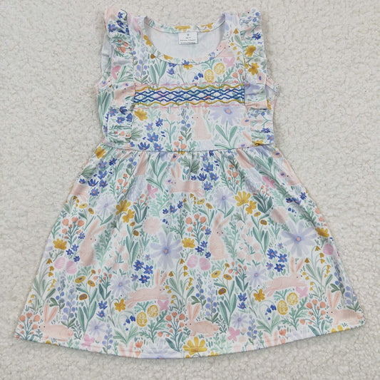 GSD0272 Baby Girls rabbit flower blue flying sleeve dress