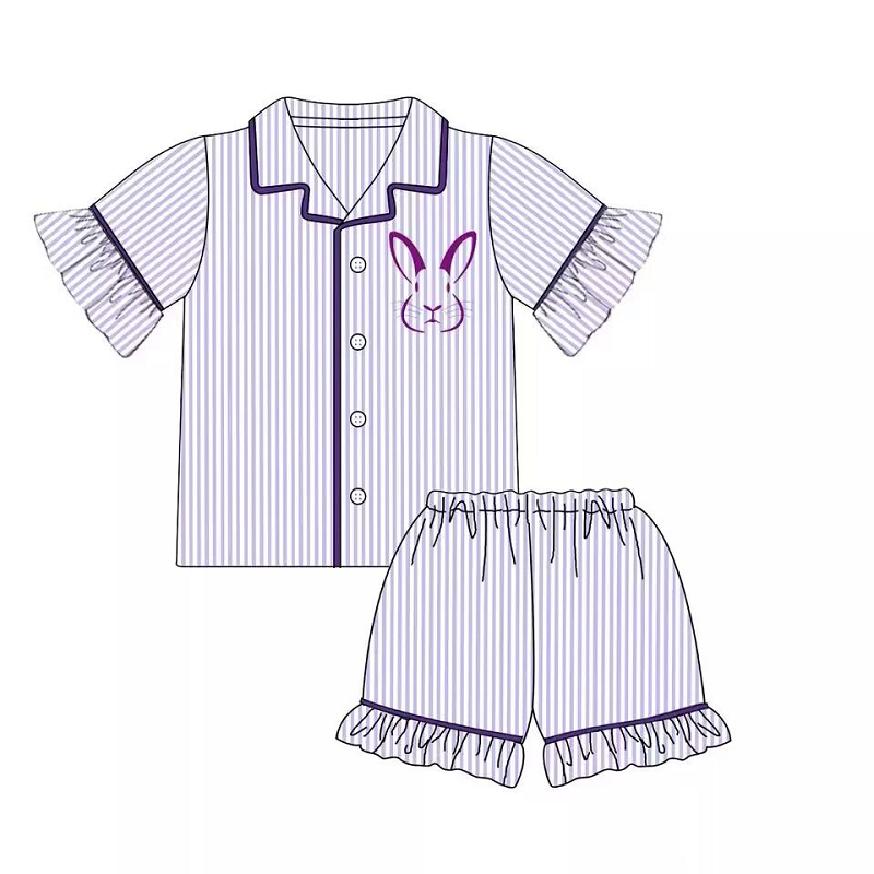 GSSO0144 Girls Bunny Purple Stripe Short Sleeve Shorts Set