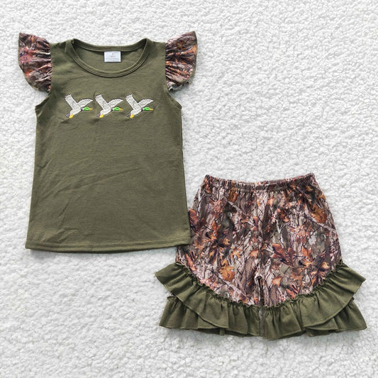GSSO0252 Baby Girls Embroidered Three Rice Ducks Green Flying Sleeve Shorts Set