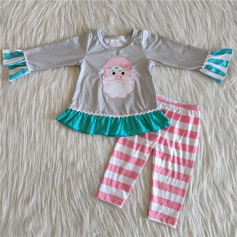 6 A11-27 Baby girls Santa's Long Sleeve Striped Pant Set