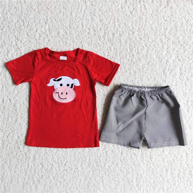 D13-1 Cow Red Short Sleeve Plaid Pants Set