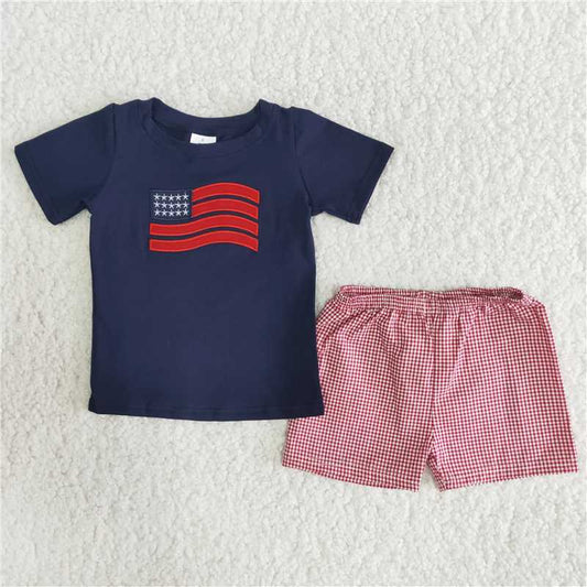 A12-23 Boy 4th of July National flag dark blue short-sleeved red plaid pants suit