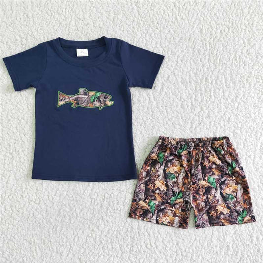 BSSO0010 Dark Blue Short Sleeve Embroidered Fish Shorts Leaf Pattern Set