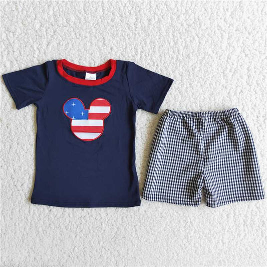 D9-16 embroidery  Plaid cartoon short sleeve suit