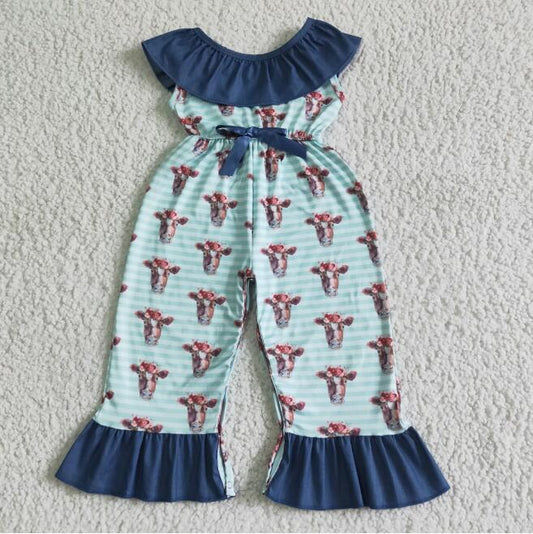 SR0006 New summer Light Green Bull Head Flying Sleeves Lace Bow Striped Bodysuit