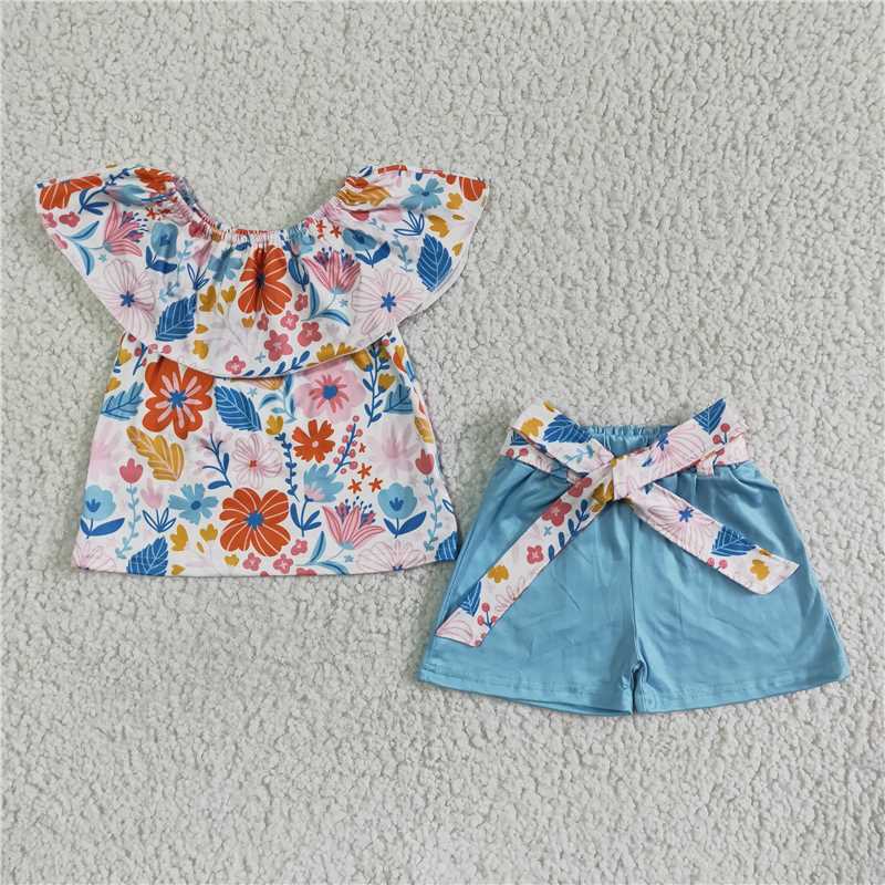 GSSO0099 Boys Floral one-shoulder bow blue shorts suit