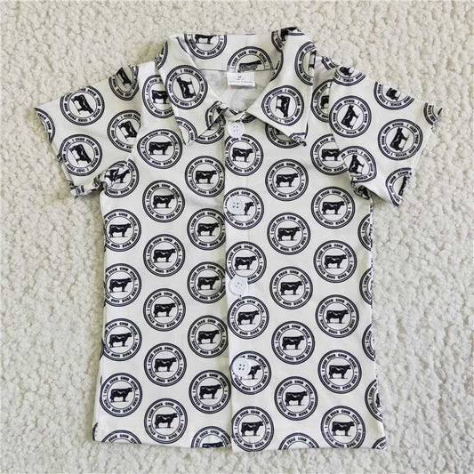 BT0016  Boys Black and White Cow Button Shirt