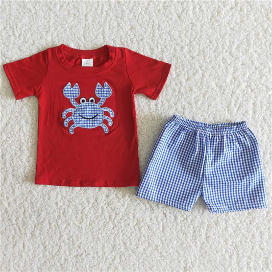 A11-4 Crab Red Short Sleeve Blue Plaid Pants