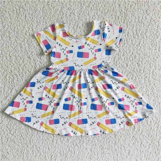 GSD0076 Girls Yellow Back To School Pencil ABC Short Sleeve Dress