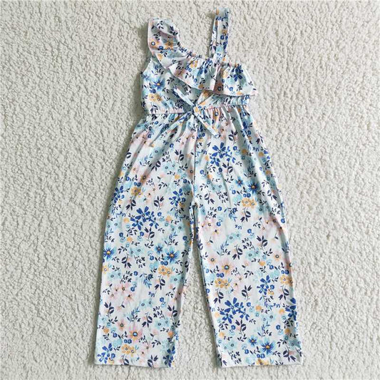 SR0007 New summer Light Blue Cross Shoulder Floral Lace-Up Long Bodysuit