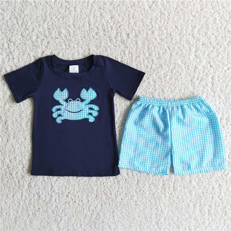 A16-14 Blue crab blue plaid pants suit