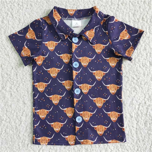 BT0005 Boys Purple Short Sleeve Bull Head Button Lapel Shirt