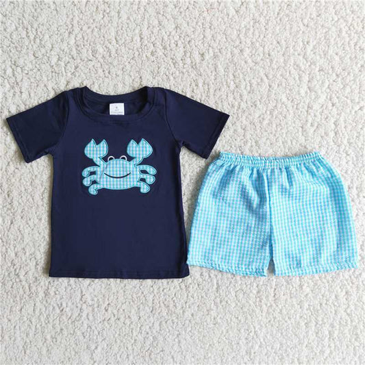 A16-14 Blue crab blue plaid pants suit