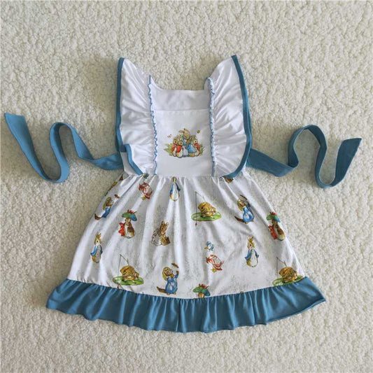 B12-3  New summer Rabbit blue lace white dress