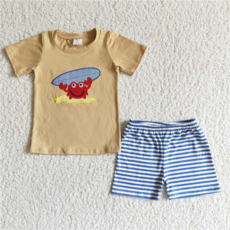 BSSO0003 Embroidered Light Brown Crab Short Sleeve Blue Stripe Short