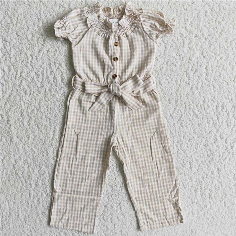 D7-20 New summer  Khaki Puff Sleeve Belt Bodysuit