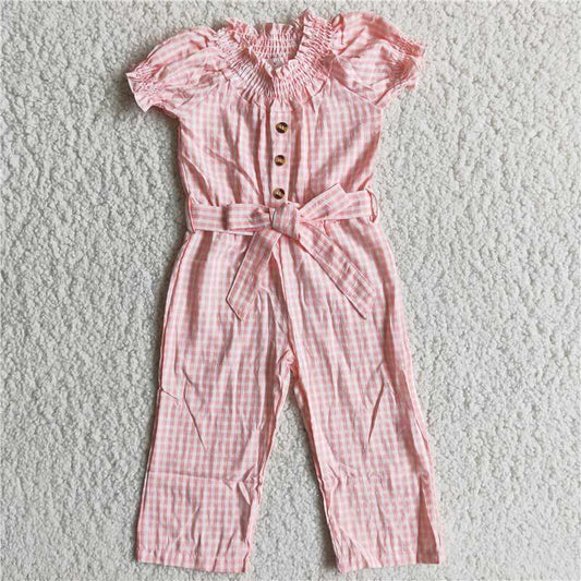 D7-16 New summer Pink Check Puff Sleeve Belt Bodysuit