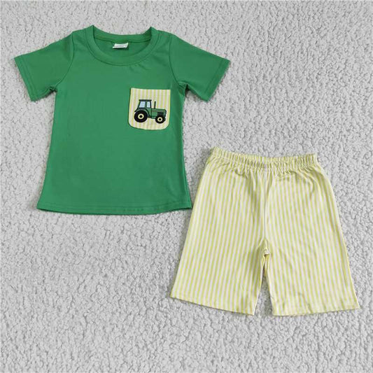 BSSO0058 Green Car Pocket Short Sleeve Yellow Shorts Set