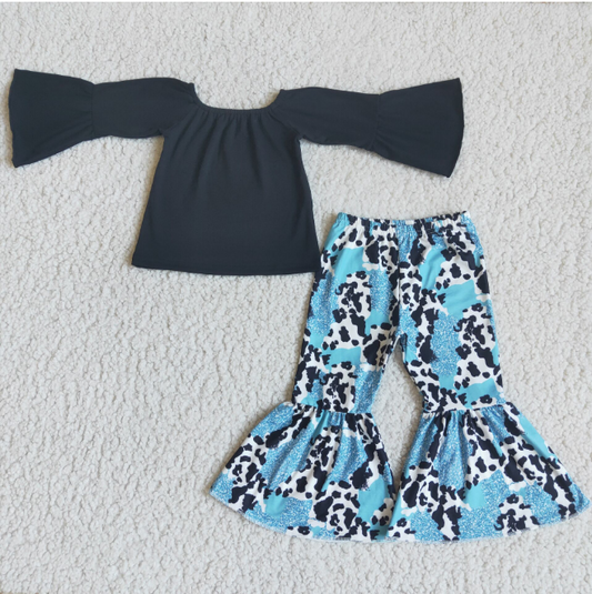 6 B1-34  Black Flared Sleeve Cow Print Flared Pants Set