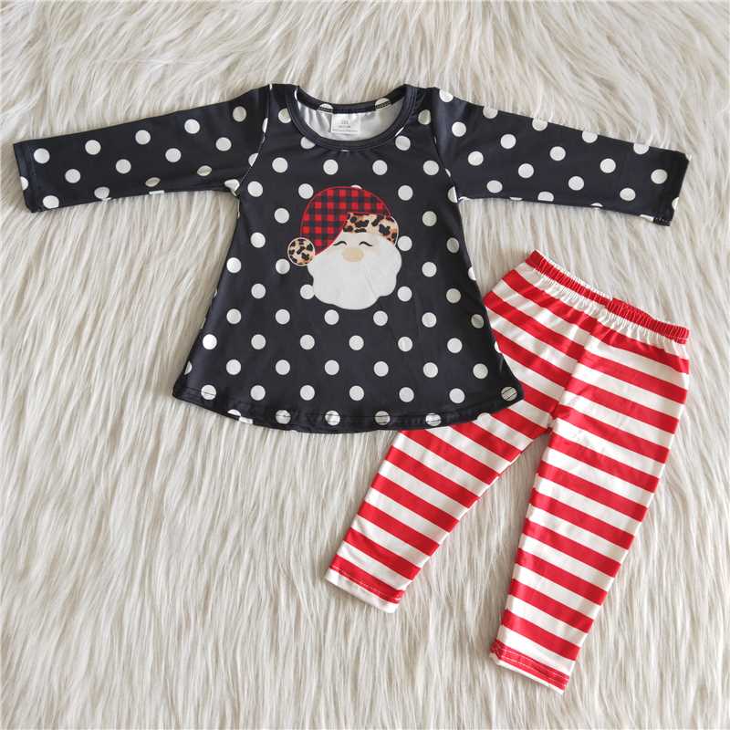 6 B7-1  Santa Polka Dot Black Long Sleeve Red Striped Pants