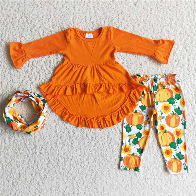 6 A11-15 Baby girls Orange Lace Sleeve Pumpkin Pants Three Piece Set